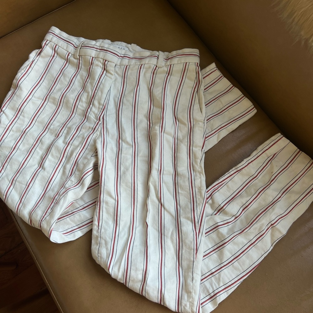 Sandro Paris Striped Beige Cream Linen Cotton Mid Ris… - Gem
